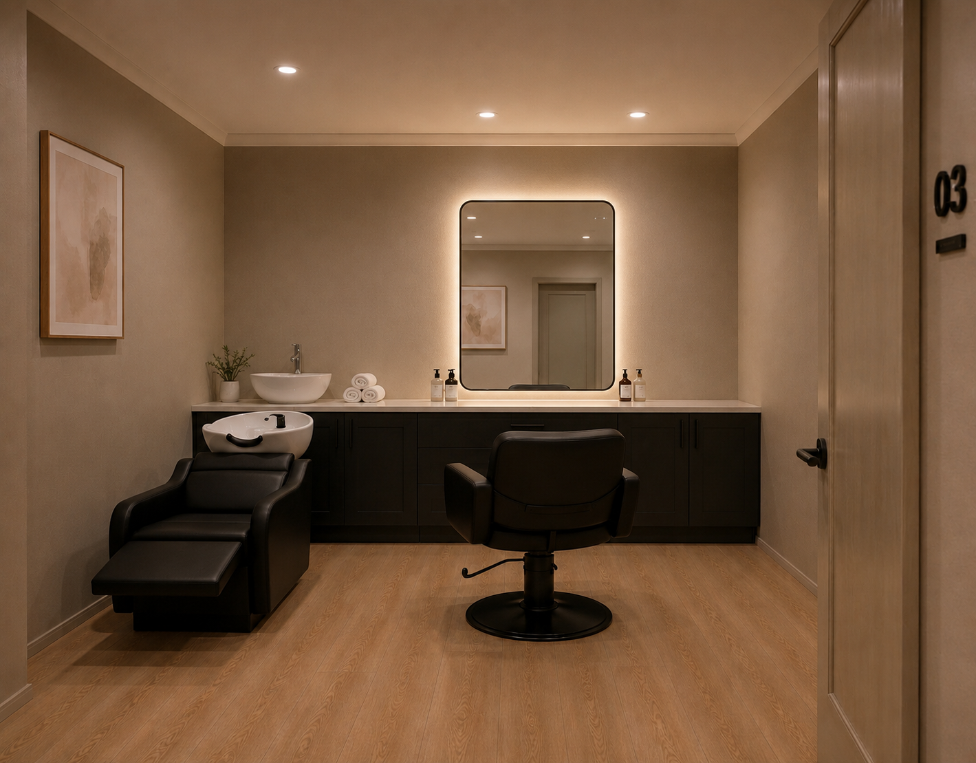 A Solara studio with a styling chair, backlit mirror, shampoo bowl, dark cabinetry and light oak flooring.